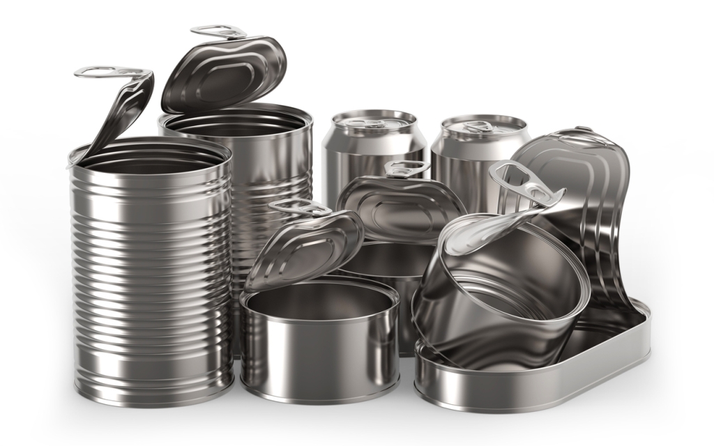 Metal tin aluminum cans, empty food and drink cans