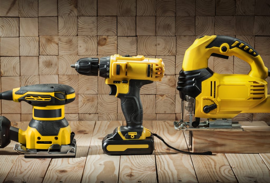power tools. sander, drill, and saw.