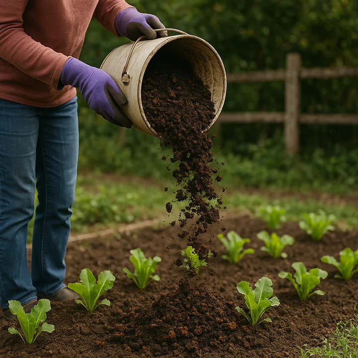 Person pouring a bucket of compost onto a garden