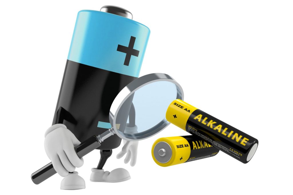 anthropomorphic battery looking at alkaline batteries through a magnifying glass