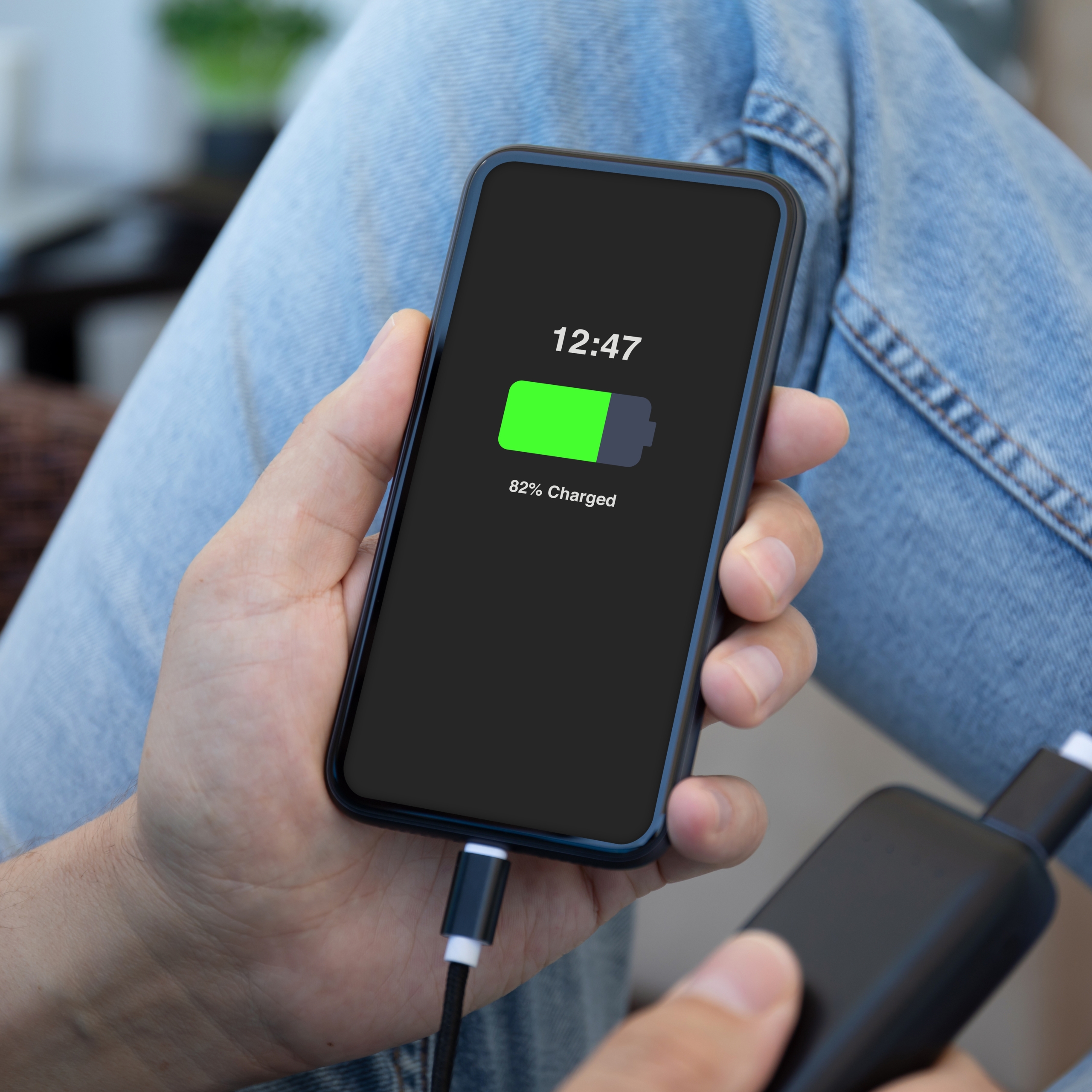 Cell phone resting in someone's hand as it charges with a portable device.