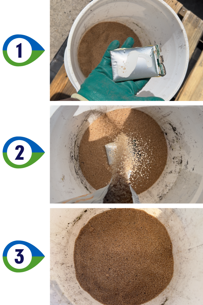 sand being poured on top of a damaged battery, inside a 5-gallon bucket