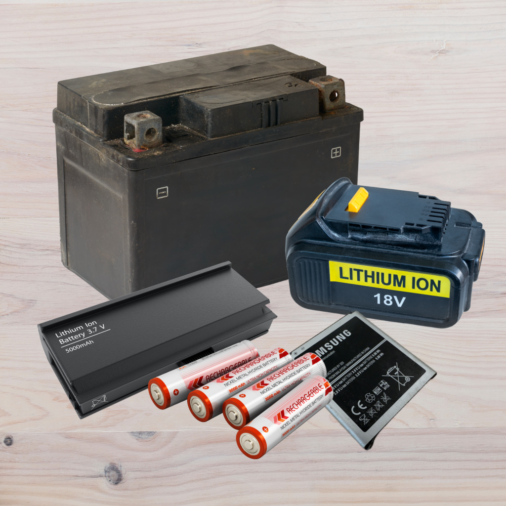 Various rechargeable batteries. laptop battery, rechargeable AA, power tool battery, car battery