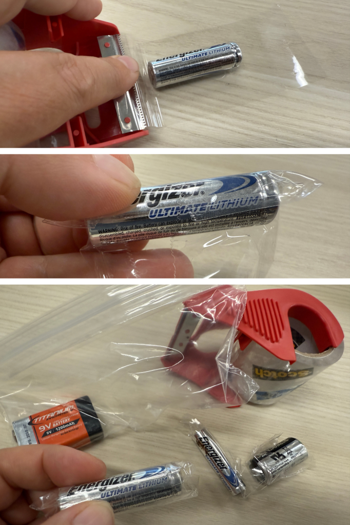 photo showing how to tape a battery or put it in a clear, sealable bag